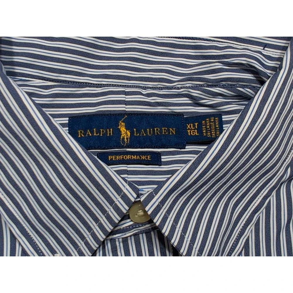 POLO RALPH LAUREN Performance Long Sleeve Button Shirt Blue Striped XLT XL Tall